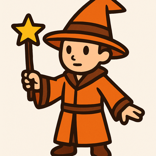 Mago con sombrero naranja y marrón sin barba con varita con estrella, de cuerpo entero.
In-Game asset.  2d.  High contrast.  No shadows