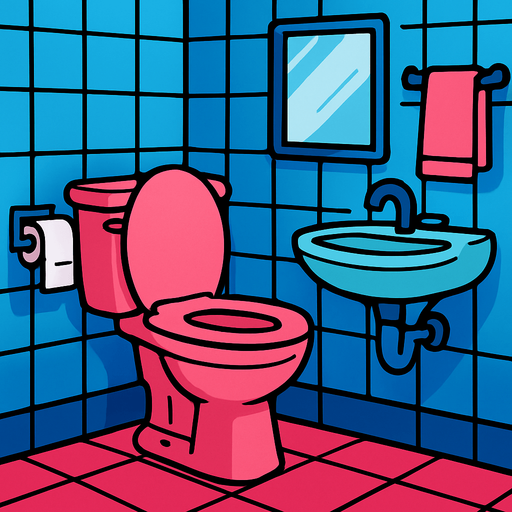 A bathroom with a pink toilet.
In-Game asset.  2d.  High contrast.  No shadows