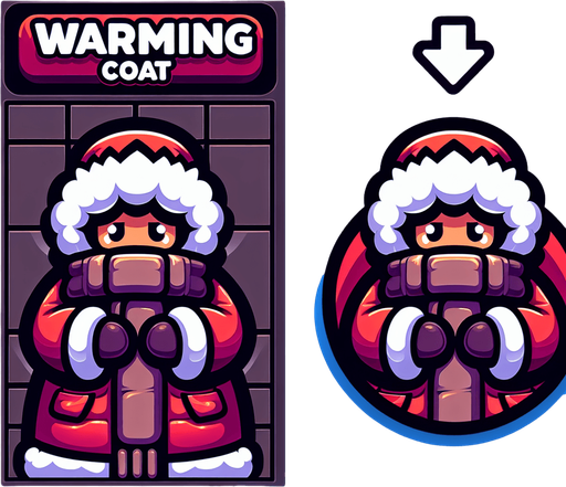 icon for santa with a thick warm coat, but his face is very cold, on a circle, with the text at top: "warming coat", cartoon Single Game Texture. In-Game asset. 2d. Blank background. High contrast. No shadows.