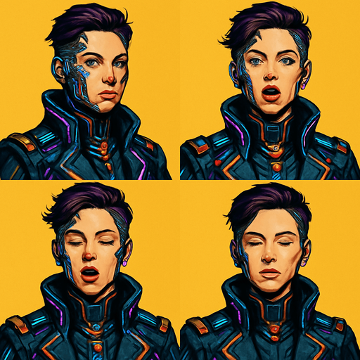 Cyberpunk high commander women looking to the camera with eyes by side, the half upper part of it only not all body, different frames, Opened eyes closed mouth, Opened eyes opened mouth, talking closed eyes opened mouth, Closed eyes closed mouth, each frame in one image. background yellow. paint it professionally with all details.
In-Game asset.  2d.  High contrast.  No shadows