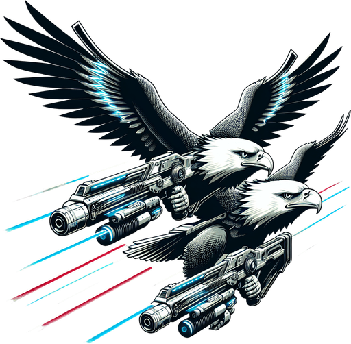 Eagles flying with laser guns..
Single Game Texture.  In-Game asset.  2d.  Blank background.  High contrast.  No shadows
