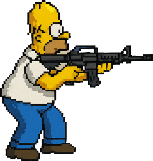 homero simpson hecho con pixeles de cuerpo completo con perspectiva lateral apuntando con rifle de asalto m4
I