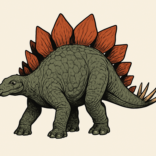 A large Stegosaurus dinosaur with a bulky body covered in grayish-green rough scaly skin. Its back is lined with two rows of large, reddish plates that gradually taper toward the tail. The tail ends with four long, sharp spikes (thagomizer) for defense. The small head has a beaked mouth and gentle eyes. The skin shows detailed scales and subtle wrinkles, giving it a lifelike prehistoric look..
In-Game asset.  2d.  High contrast.  No shadows