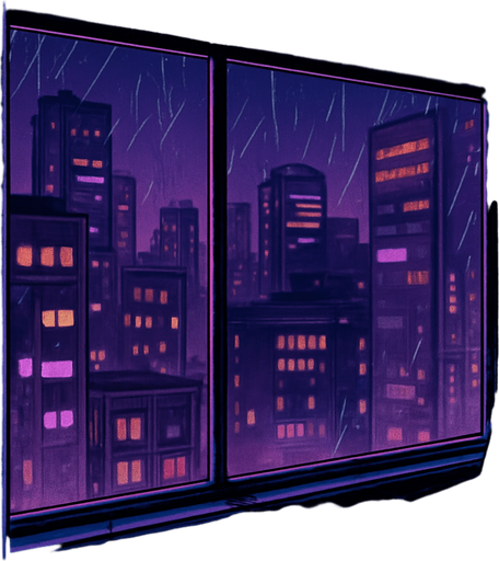A 2048x2732 vertical background illustration in a semi-realistic comic book style. The scene depicts a moody DJ booth inside a small urban apartment at night, overlooking a vibrant neon-lit city through large glass windows. The DJ setup is stylish but lived-in — with vinyl records, scattered sticky notes, a glowing laptop screen, and faint light reflections on the desk. Outside, rain trickles down the window, and distant buildings flicker with purples, blues, and pinks. The entire environment feels reflective, lo-fi, and intimate — as if the city hums with a quiet rhythm. No characters, no text — just a story-rich, immersive menu backdrop..
In-Game asset.  2d.  High contrast.  No shadows