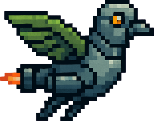Pixel art of a smaller robotic pigeon with jet wings and a streamlined shape. Fast enemy type in a 2D arcade game. Side view, green metal feathers.
In-Game asset.  2d.  High contrast.  No shadows
