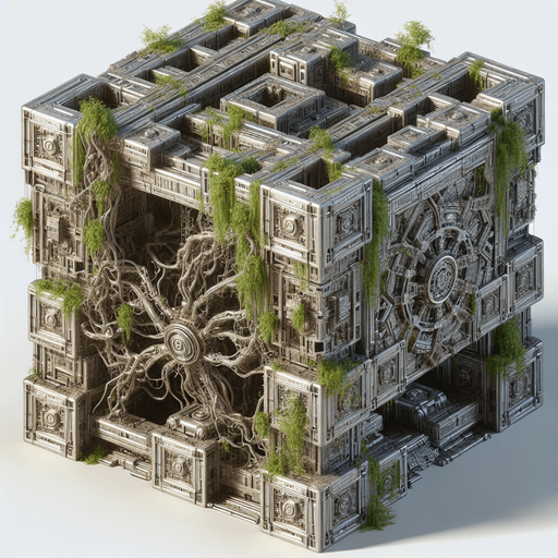 a big metal maze with vines covering it everyware.
Single Game Texture.  In-Game asset.  2d.  Blank background.  High contrast.  No shadows