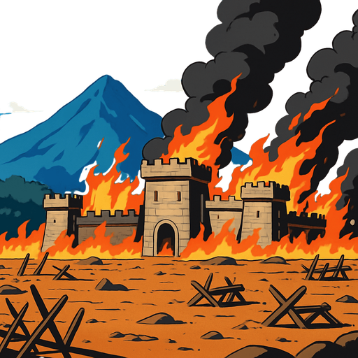 plain battlefield of defense burning medieval fortres at bottom anime image style. blue sky at upper. far distance a mountain
In-Game asset.  2d.  High contrast.  No shadows