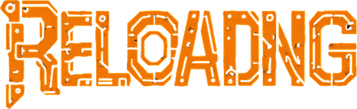`Reloading` word but mecha style.
In-Game asset.  2d.  High contrast.  No shadows