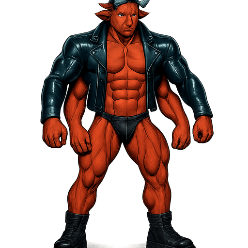 man Cyberpunk manga, four armed monster hunk, shiny black leather biker jacket longsleeves shirtless muscles, jockstrap combat boots, Background removed, "Full-body character, entirely in frame, no cropping of face, head, or feet" "Complete character visible, from head to toe, fully centered in the image" "Entire character, including face and boots, fully within the frame" Character fully contained within a square frame, no edges cut off fashion model idle pose