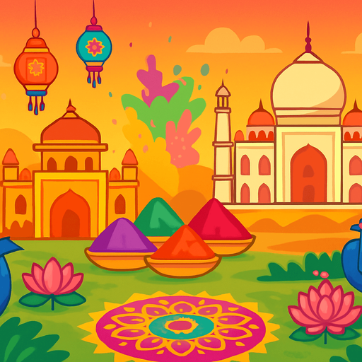 A vibrant, colorful 2D cartoon-style background inspired by India. Include iconic Indian elements such as the Taj Mahal, Lotus Temple, Indian palace architecture, Holi color splashes, and hanging lanterns. Surround the scene with peacocks, lotus flowers, temple bells, or traditional rangoli patterns. The atmosphere should feel festive and spiritual, with a warm sunset or golden light. Designed in a flat, game-friendly illustration style (vector/cartoon), perfect for a level themed around traditional Indian music. Export in 1920x1080 (landscape), without characters or text..
In-Game asset.  2d.  High contrast.  No shadows