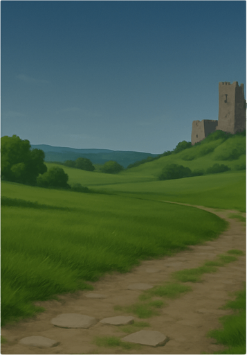 Gerçek hayata yakın bir menü arka planı istiyorum. Yeşil doğa, çimenlikler ve taş yollar olsun. Uzakta bir kale ya da yapı görünsün. Gökyüzü mavi ve açık olsun, hava gündüz gibi. Renkler doğal tonlarda olsun, altın veya süslü detaylar olmasın. Arka plan sade ve huzurlu bir ortam sunsun, ortası menü için boş ve hafif koyu olabilir..
In-Game asset.  2d.  High contrast.  No shadows