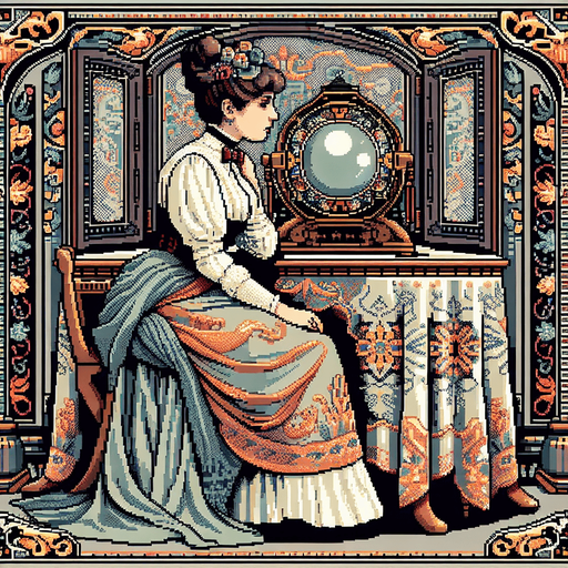 Madam curio sits in front of you. She is an Edwardian era fortune teller. She is seen from the waist up in front of an ornate table.. Single Game Texture. In-Game asset. 2d. Blank background. High contrast. No shadows. Full color pixel art..
Single Game Texture. In-Game asset. 2d. Blank background. High contrast. No shadows.