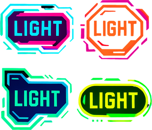 Buttons random shapes & have text 'Light'. HD colors. Cyberpunk. Abstract. Different colors.
In-Game asset.  2d.  High contrast.  No shadows