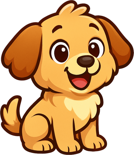 A cute cartoon-style dog character designed for a mobile game. Fluffy fur, big round eyes, floppy ears, small black nose, wagging tail, standing or sitting with a joyful and friendly expression. Light brown or beige color, simple colorful background. High-quality digital illustration, perfect for a kids game..
In-Game asset.  2d.  High contrast.  No shadows. cartoon style