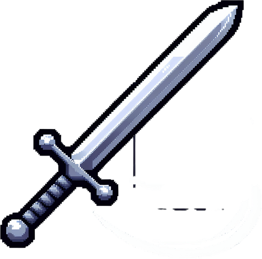 A pixel art medieval sword with a silver blade and gray handle. Simple design with a short crossguard. Include 4 frames of slash effect animation showing a white arc sweeping in front of the sword. Each frame of the arc covers about 45 degrees of motion, creating a 180-degree slash when played in sequence. Clean, high-contrast design..
Single Game Texture. Weapon sprite sheet. 16x16 pixels per frame. 4 frames horizontally aligned. Pixel art. Transparent background. Game weapon asset. No anti-aliasing. High contrast. Clean edges. White and gray color palette. 2D game element.