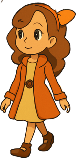 Generate a detailed and vivid description of a scene depicted in the visual style characteristic of Professor Layton games, focusing on a young girl walking down a city street. Capture the unique art style elements such as warm color palettes, cel-shaded animation, distinctive character design with soft lines and expressive eyes, and the semi-realistic yet whimsical environment. Include the atmosphere of the city street, describing architectural features, background elements like lampposts, shop signs, and the bustling yet charming ambiance, as seen in Professor Layton games. Avoid photographic realism; emphasize stylized, hand-drawn, and storybook-like qualities..
In-Game asset.  2d.  High contrast.  No shadows