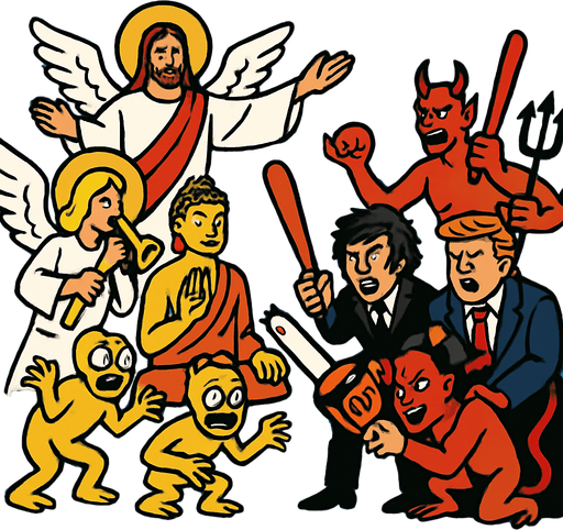cristo, buddha y angeles vs milei con motosierra, trump con bate de basebol, devil, demons y yellow demons.
In-Game asset.  2d.  High contrast.  No shadows