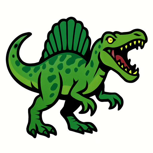 Spinosaurus, yeşil, ağzı açık.
In-Game asset.  2d.  High contrast.  No shadows