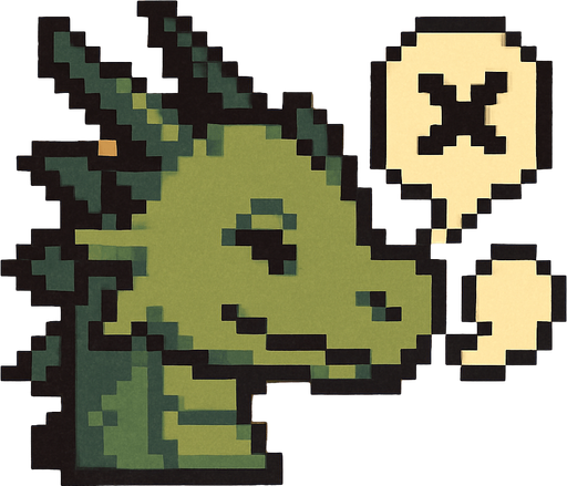 A small pixel art dragon head viewed from the side, mouth closed with a small puff of smoke or a speech bubble with a cross to symbolize that sound is off. The expression is calm and cute. Designed as a fantasy-themed icon for a retro-style 2D game UI..
In-Game asset.  2d.  High contrast.  No shadows. pixel art. side view. cute. fantasy. retro. dragon. mute. icon