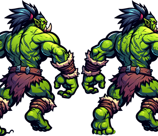 Two images of an orc. one running and one jumping to attack. both from behind, rear view. cartoon.
Single Game Texture.  In-Game asset.  2d.  Blank background.  High contrast.  No shadows