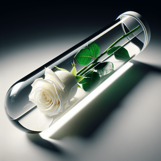 elegant white rose in a long transparent futuristic glass tube.
