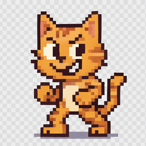 Crea un personaje que sea un gato simpático, estilo pixel art.
Debe estar de pie y verse como si pudiera esquivar cosas.
Que tenga una expresión divertida o decidida.
El fondo debe ser transparente.