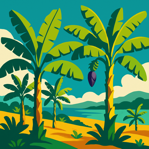 relaxing banana tree landscape.
In-Game asset.  2d.  High contrast.  No shadows