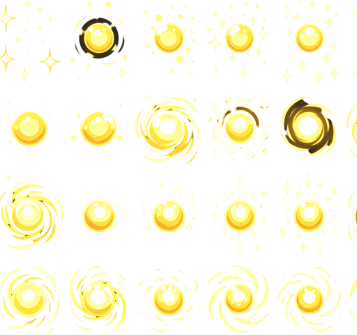 A sprite sheet of different round wisps. Like fireflies. Yellow in color, very bright center with a dimmer aura on the outside. 

Single Game Texture. In-Game asset. 2d. Blank background. High contrast. No shadows.