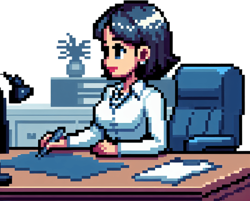 8-bit. cartoon. fancy office person. woman. seen from the side. in game assset. Single Game Texture. In-Game asset. 2d. Blank background. High contrast. No shadows.
