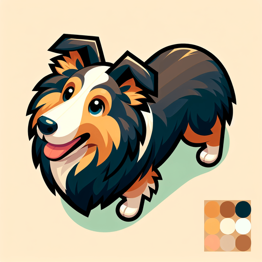 Collie shepherd dog, top view, cartoon style.
Single Game Texture. In-Game asset. 2d. Blank background. High contrast. No shadows.