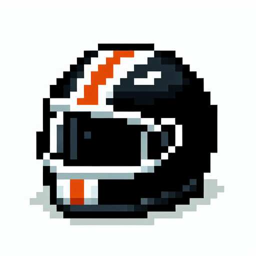 profile  view of an empty motorcycle helmet. black with a white vertical central band and another thiner orange band on the center.
NOT PERSPECTIVE!. Pixel art high definition