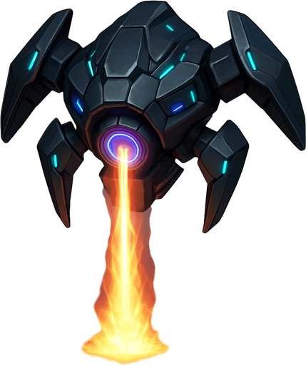 Dron alienígena enemigo, diseño futurista flotante, formas geométricas modernas, cañón central disparando energía hacia abajo, iluminación realista, fondo transparente, sin fondo, arte 2D para videojuego.
In-Game asset.  2d.  High contrast