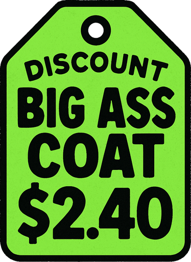 Green Discount price tag that says Big ass coat $2.40.
In-Game asset.  2d.  High contrast.  No shadows