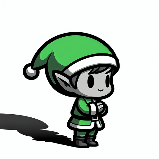 Profil view of a cute little elf with a green hat, standing with his hands in front of him.no background . no floor. In-Game asset. 2d. Blank background. High contrast. No shadows.