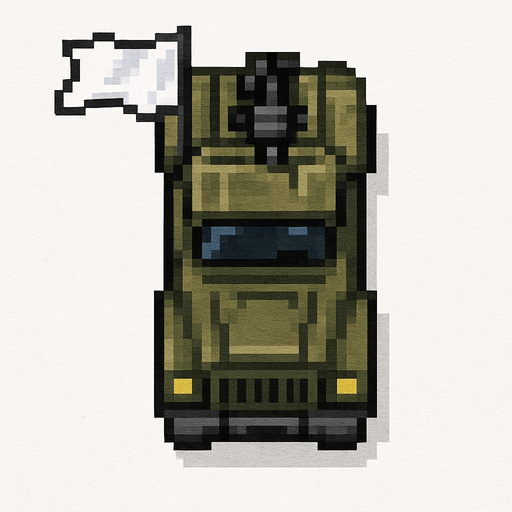 beyaz bayrak çeken askeri araba
 top-view. gta 2. seen from above. Single Game Texture. In-Game asset. 2d. Blank background. High contrast. No shadows. pixelated. 8 bit