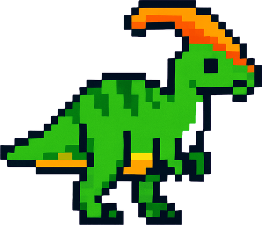 Make it 8 bit style dinosaur parasaurus cartoon character.
In-Game asset.  High contrast.  No shadows