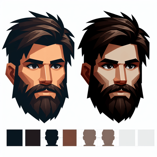 bearded man with dark hairs.
Single Game Texture. In-Game asset. 2d. Blank background. High contrast. No shadows.
