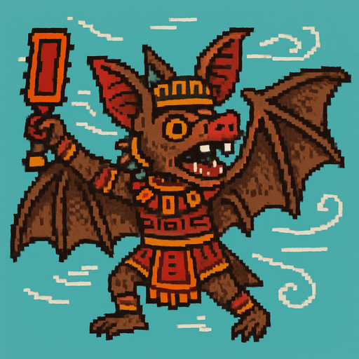 Generame un guerrero azteca con patrones, estilo pixelar, además será Murciélago frugívoro, unidad voladora con alas, con efectos de viento. Tiene que ser un animal..
In-Game asset.  2d.  High contrast.  No shadows