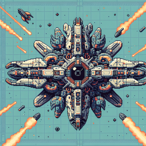 65604d9e9017209915d71b35: Top down shooter, alien space craft enemy craft, retro pixel art 
Single Game Texture. In-Game asset. 2d. Blank background. High contrast. No shadows.