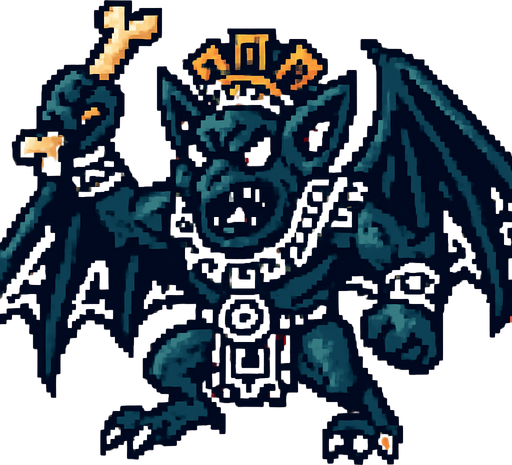 Genérame una Halcon Murcielago guerrero azteca con eso patrones, estilo pixelar, con una apariencia maligna, ojos rojos, rabioso. Unidad aerea con alas. Animal.
In-Game asset.  2d.  High contrast.  No shadows
