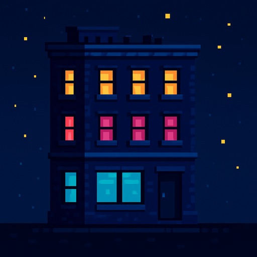 un edificio pixel art por la noche.
In-Game asset.  2d.  High contrast.  No shadows