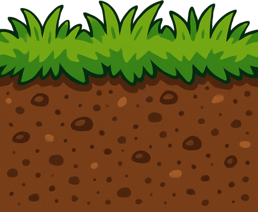 the soil covering the entire image and extending horizontally and the greenery (short grass) on top of it.
In-Game asset.  2d.  High contrast.  No shadows