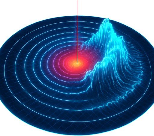 Growing expanding outward Overhead digital simulation hologram of oceanic meteor impact tsunami wave shockwave radius circle outward crashing neon cyberpunk 3d diagram