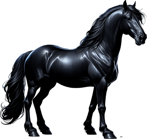 Black horse.
Single Game Texture.  In-Game asset.  2d.  Blank background.  High contrast.  No shadows