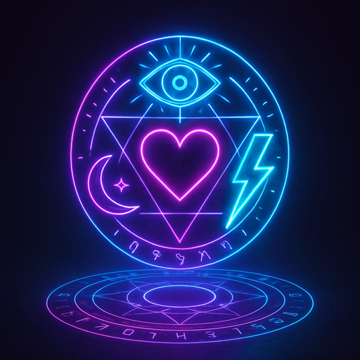 Magical spell effect 3d cyberpunk hologram sigils geometry eyeball heart lightning glow