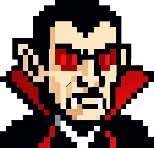 make pixel red eye dracula.
In-Game asset.  2d.  High contrast.  No shadows