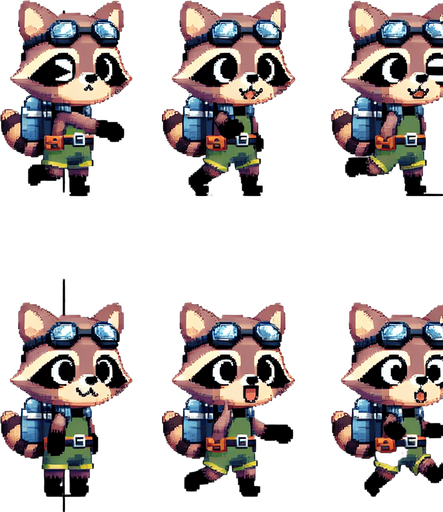 A spritesheet with a number of poses of a cartoonish raccon cub in scuba gear, smiling, walking, waiting, standing, ordering, turning, etc. all seen from the side.The spritesheet should be laid out in a rectangular grid with clear space between each individual sprite. Each sprite in the sheet should be around 300x600 pixels in size..
Single Game Texture. In-Game asset. 2d. Blank background. High contrast. No shadows.