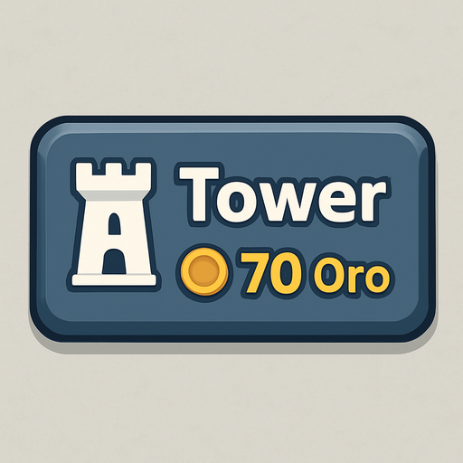 Crea un botón interactivo UI estilo 2D renderizado, limpio y cartoonish. Debe tener contornos definidos, colores vibrantes y sombreado que dé volumen. Será un rectángulo con esquinas ligeramente redondeadas. El fondo del botón será sólido y neutro (ej. gris claro, azul pizarra, metal pulido o piedra sutil). Debe contrastar con el "tablón" de madera pero integrarse bien al estilo general de la UI.

El botón debe contener:

Texto Principal: La palabra "Tower" (Torre) claramente visible en la parte superior central.

Icono Secundario (Opcional): Una silueta o dibujo estilizado y simple de una torre genérica, ubicada a la izquierda del texto "Tower" (o a la derecha, si el diseño lo favorece).

Precio: El texto "70 Oro" (o símbolo de oro y "70") claramente visible en la parte inferior central (o en una esquina inferior). Este precio debe ser una parte integral del diseño del botón (mismo asset).

Los colores de texto/icono deben contrastar claramente con el fondo (ej. blanco, dorado). El bo.
In-Game asset.  2d.  High contrast.  No shadows