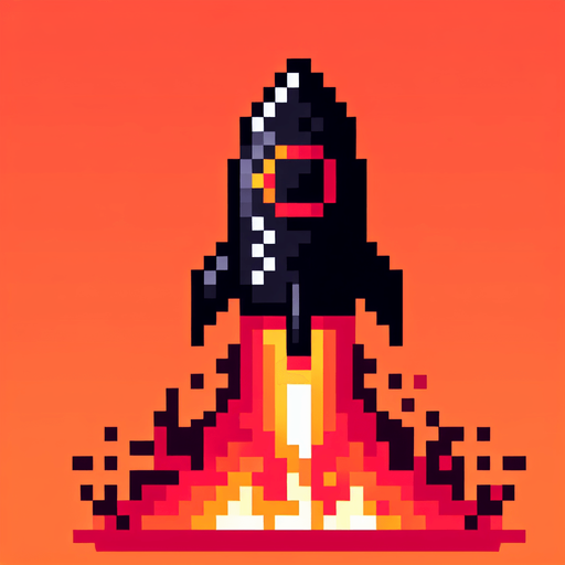 8 bit image black rocket with fire tail.
Single Game Texture.  In-Game asset.  2d.  Blank background.  High contrast.  No shadows