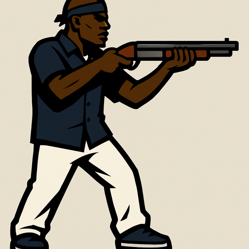 un pandillero negro con camisa azul oscuro y pantalon blanco usando una escopeta con la perspectiva lateral de cuerpo completo.
In-Game asset.  2d.  High contrast.  No shadows
